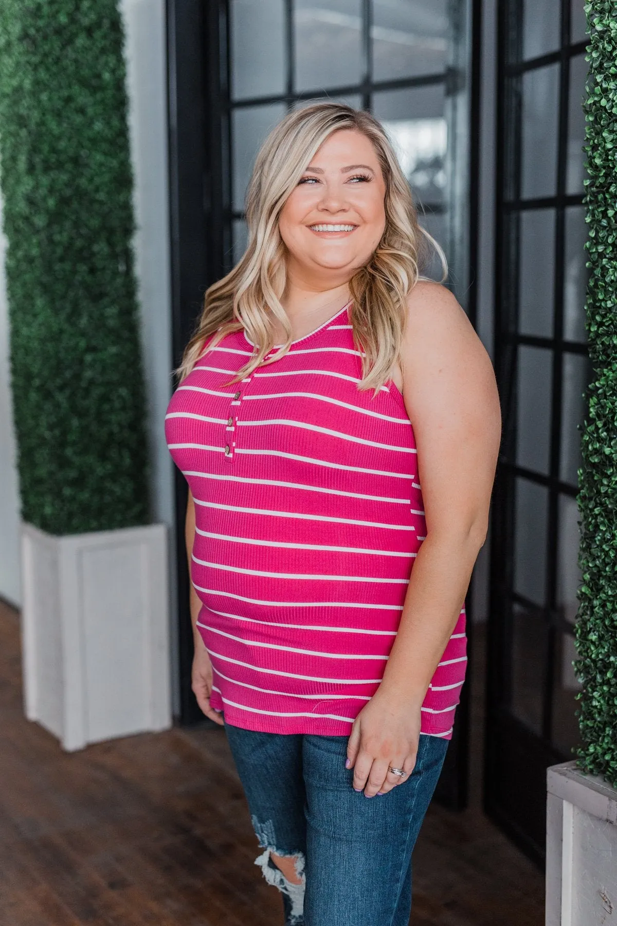 Striped Button Henley Tank Top- Hot Pink
