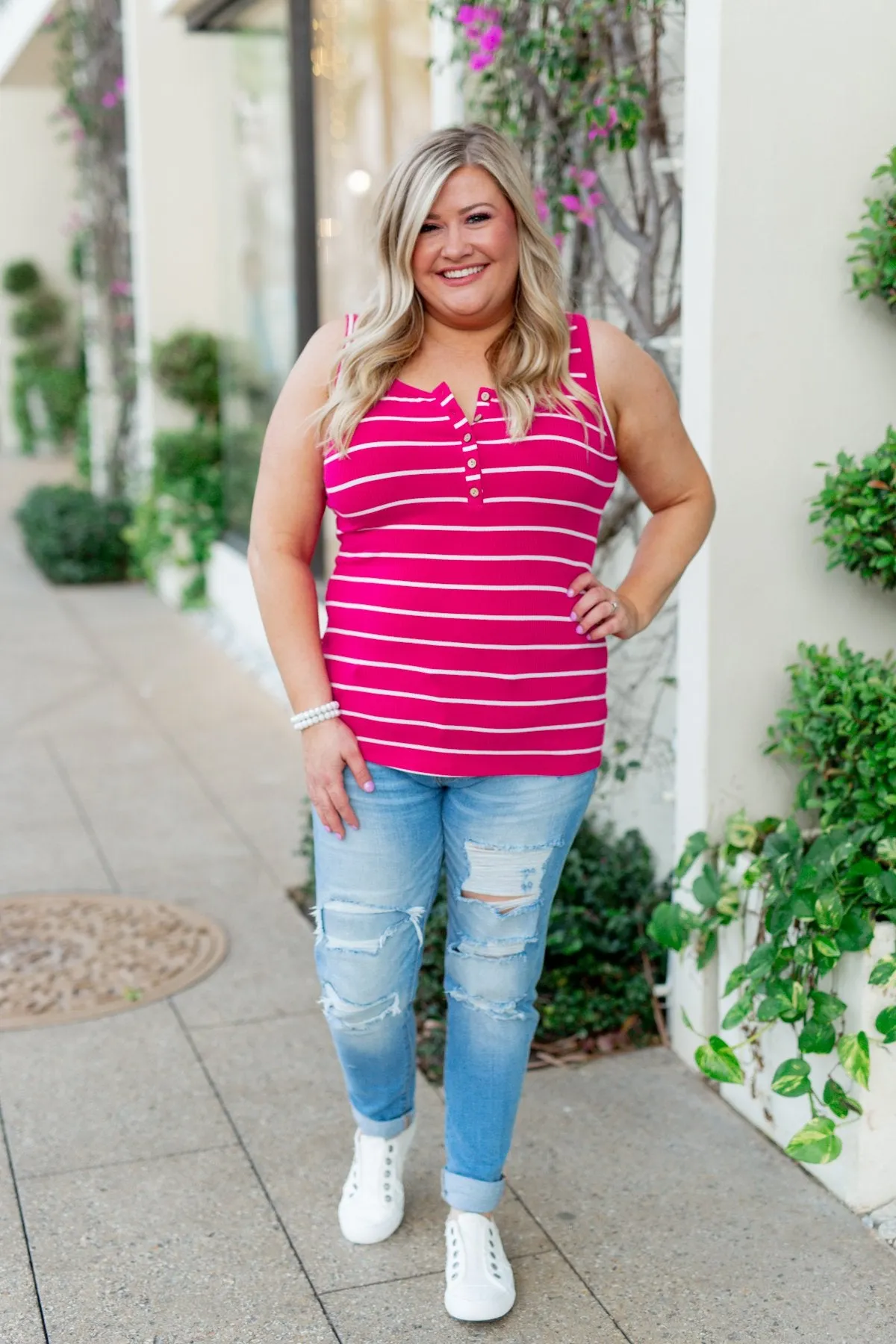 Striped Button Henley Tank Top- Hot Pink