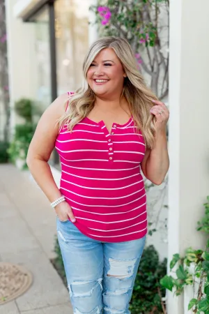 Striped Button Henley Tank Top- Hot Pink