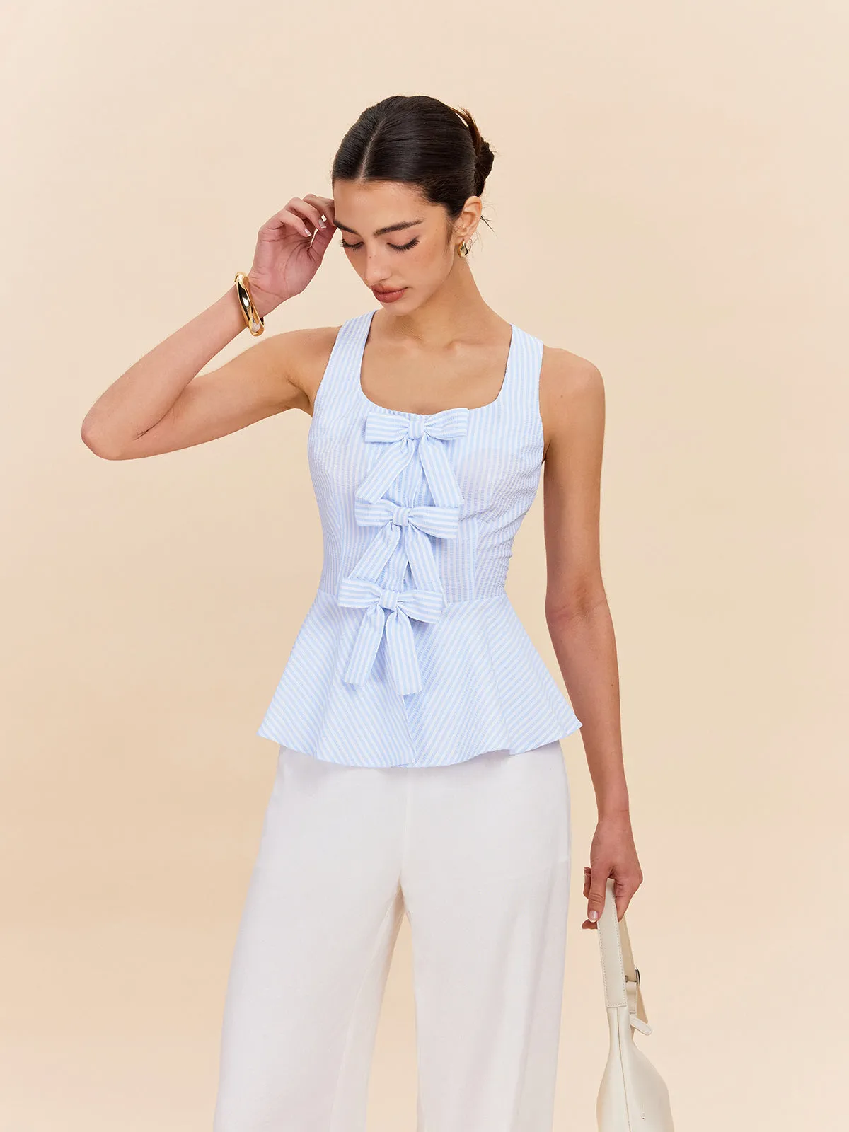 Striped Peplum Top With Bow Details