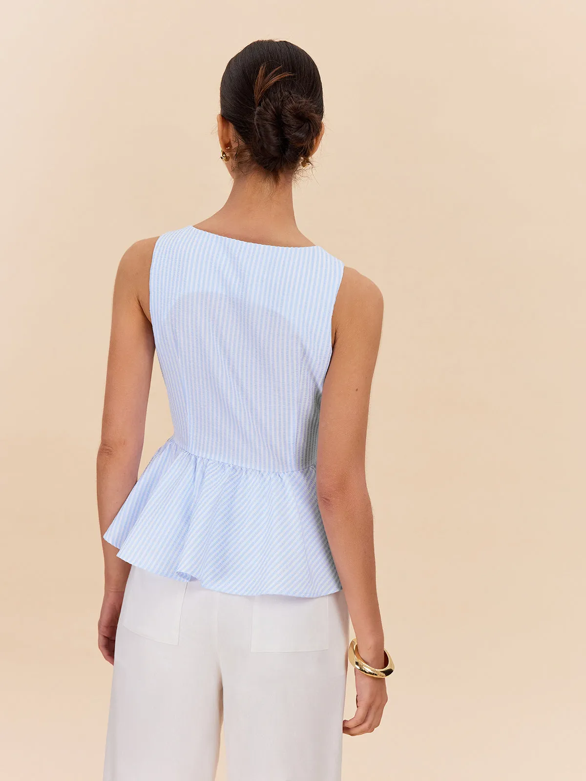 Striped Peplum Top With Bow Details