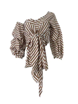 StyleKeepers Women's Striped Brown Neiman Marcus One Shoulder Top NWT