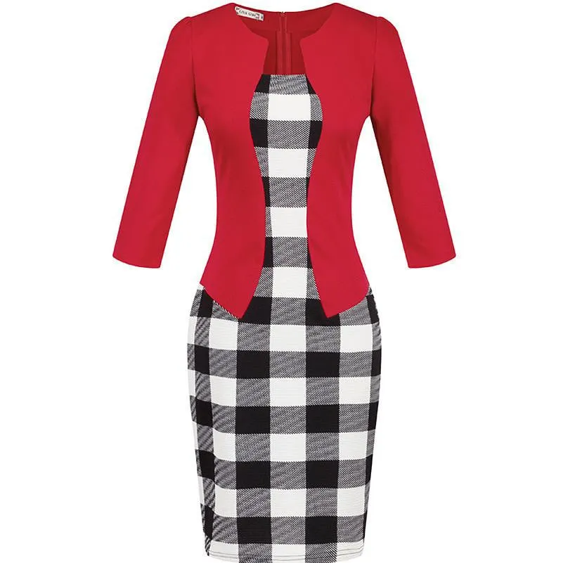 Summer Dress Style Dresses Bodycon Women Fashion Sheath Office Lady Flower Patchwork Tunic Patchwork One Piece Dress