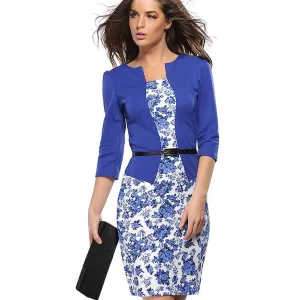 Summer Dress Style Dresses Bodycon Women Fashion Sheath Office Lady Flower Patchwork Tunic Patchwork One Piece Dress