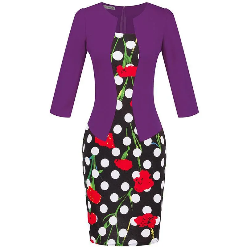 Summer Dress Style Dresses Bodycon Women Fashion Sheath Office Lady Flower Patchwork Tunic Patchwork One Piece Dress