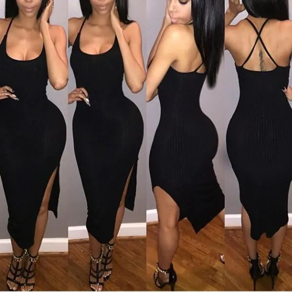 Summer style Spaghetti Strap Cross Front Bandage Dress Backless V-neck Cut Out Dress Mid-Calf Dress bodycon dresses club