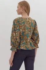 Sutton- Floral Print 3/4 Sleeve Peplum Top