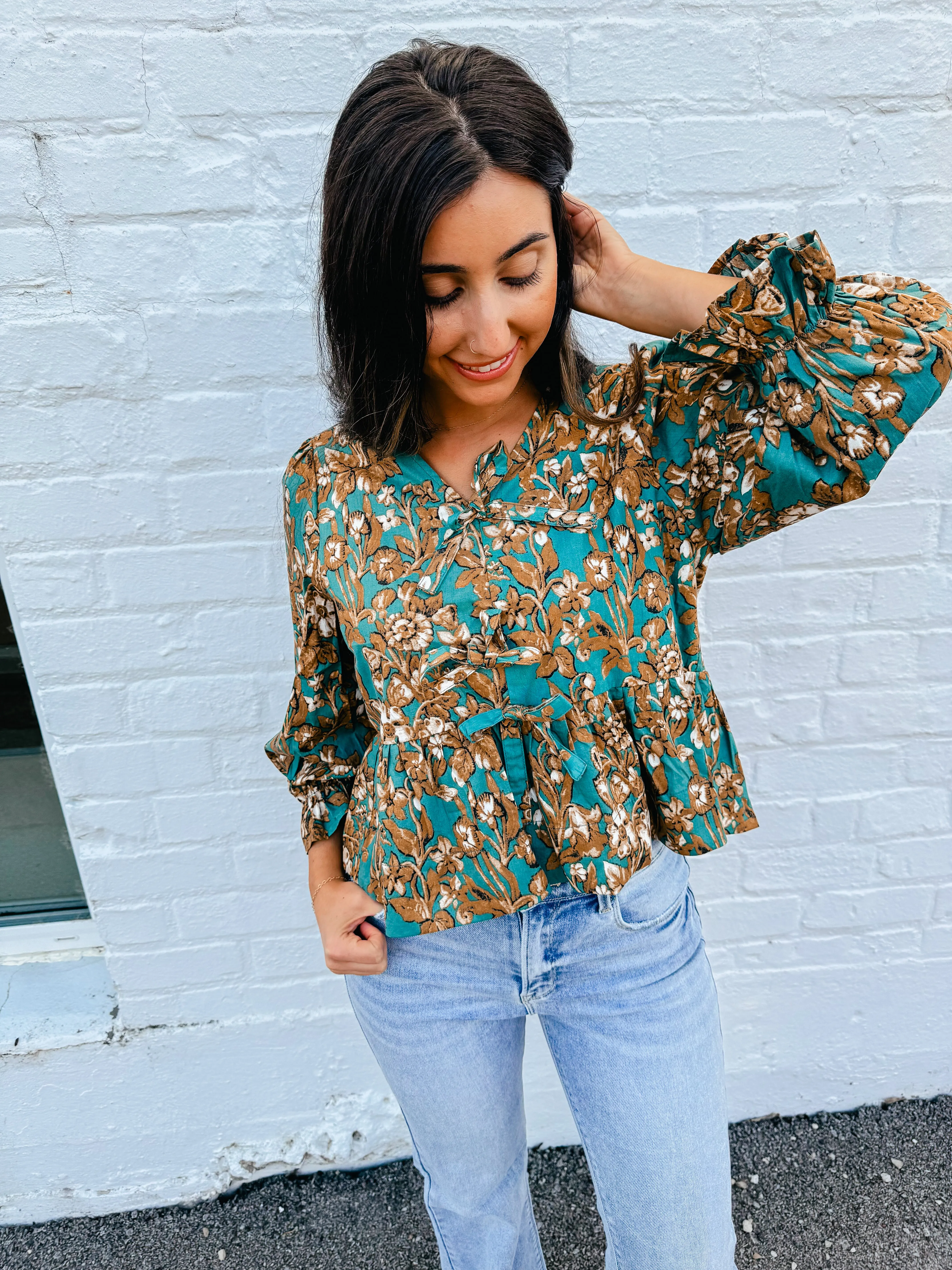 Sutton- Floral Print 3/4 Sleeve Peplum Top