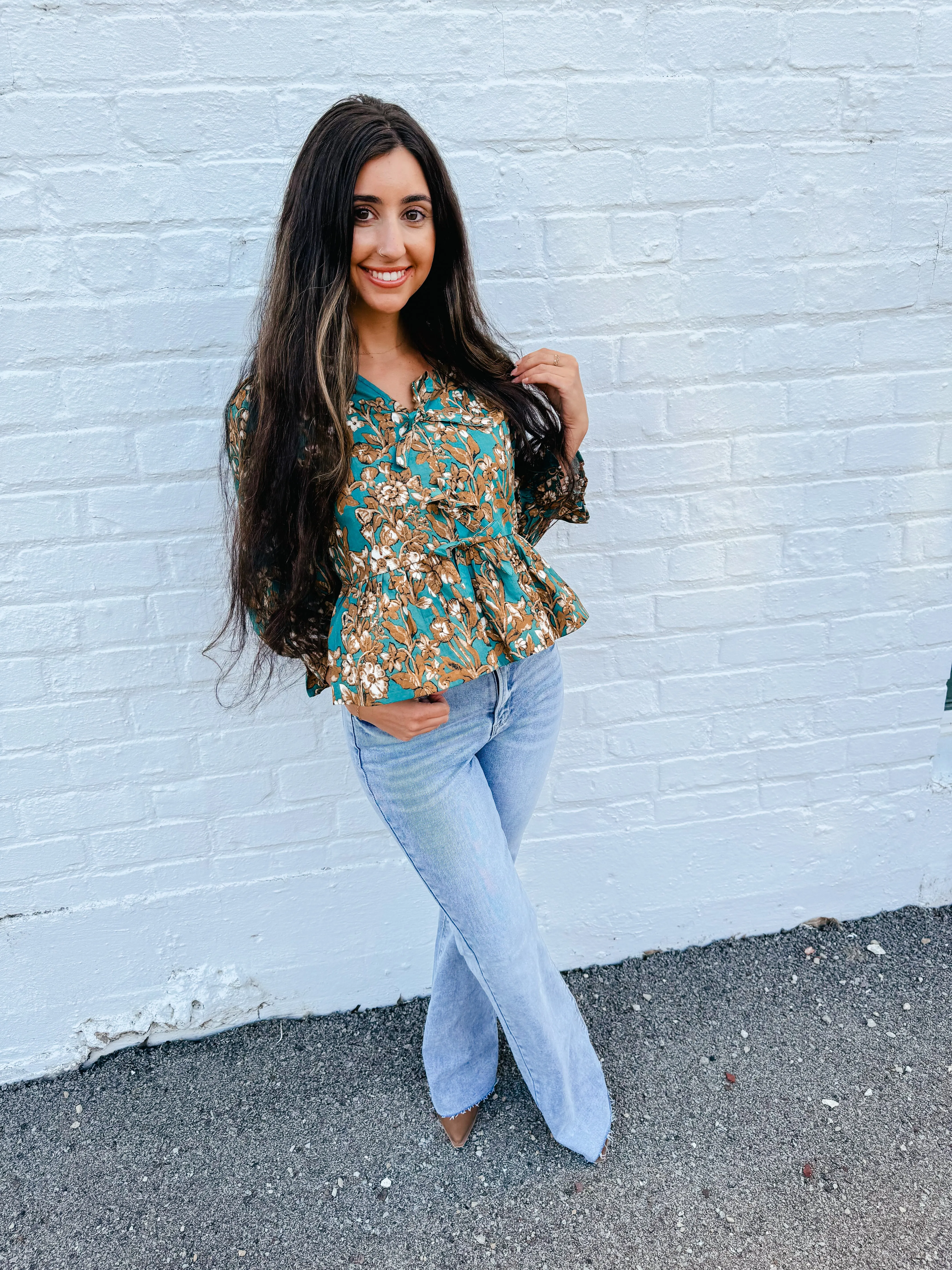 Sutton- Floral Print 3/4 Sleeve Peplum Top