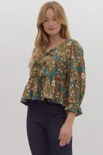Sutton- Floral Print 3/4 Sleeve Peplum Top