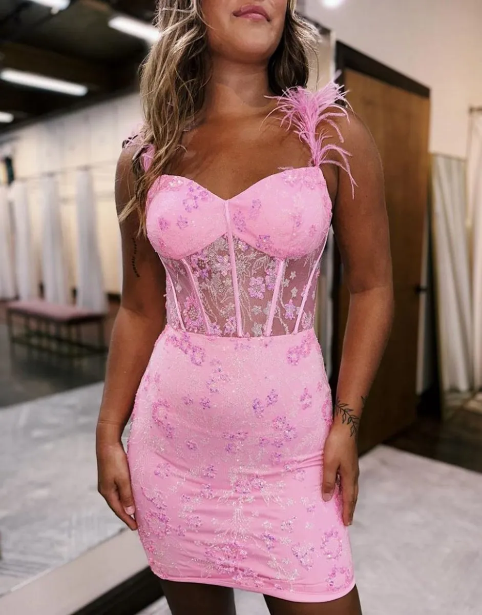 Sweet Bodycon Lace Up Short Tight Homecoming Dresses with Feather Straps