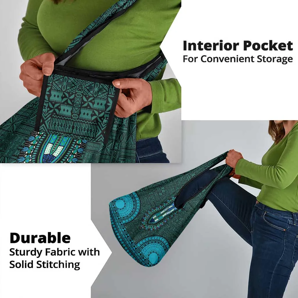 Teal Dashiki and Tapa Pattern Grocery Bag Africa-Polynesia Together Culture LT9