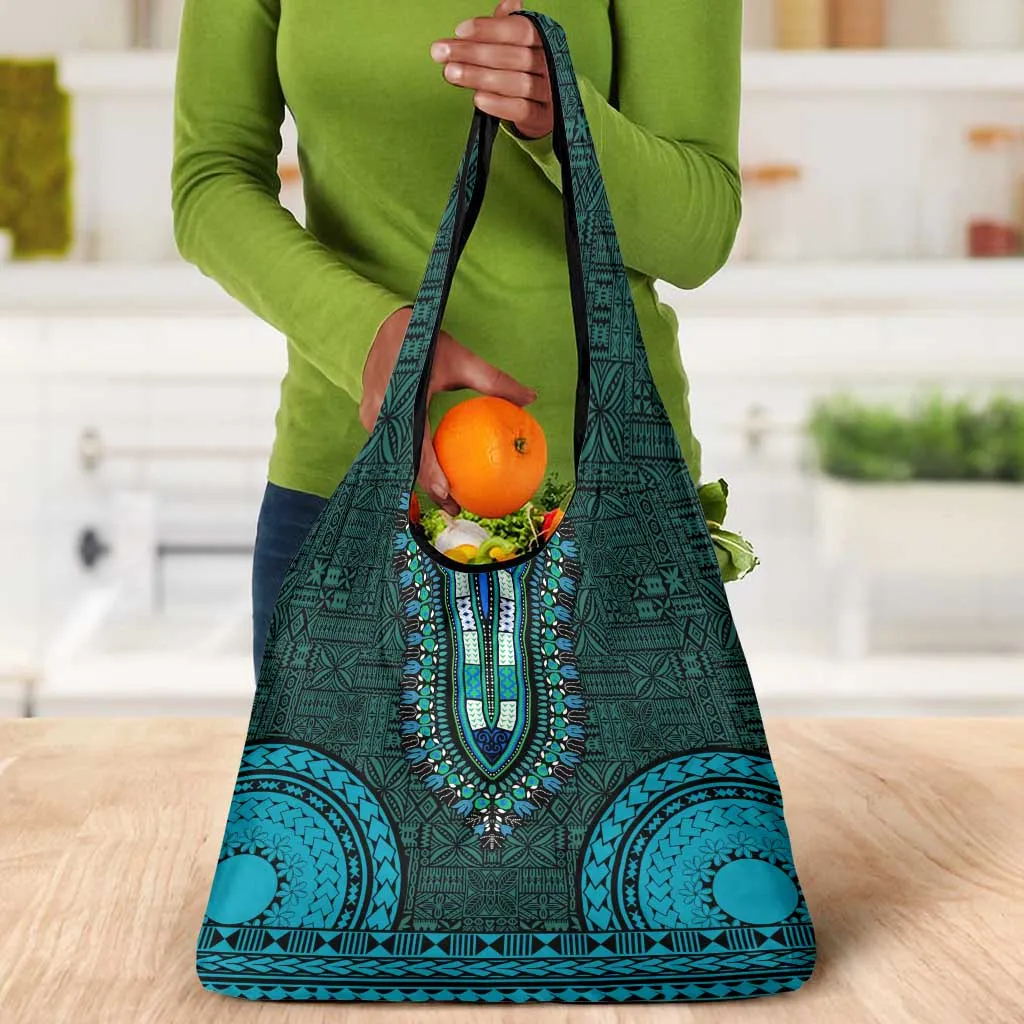 Teal Dashiki and Tapa Pattern Grocery Bag Africa-Polynesia Together Culture LT9