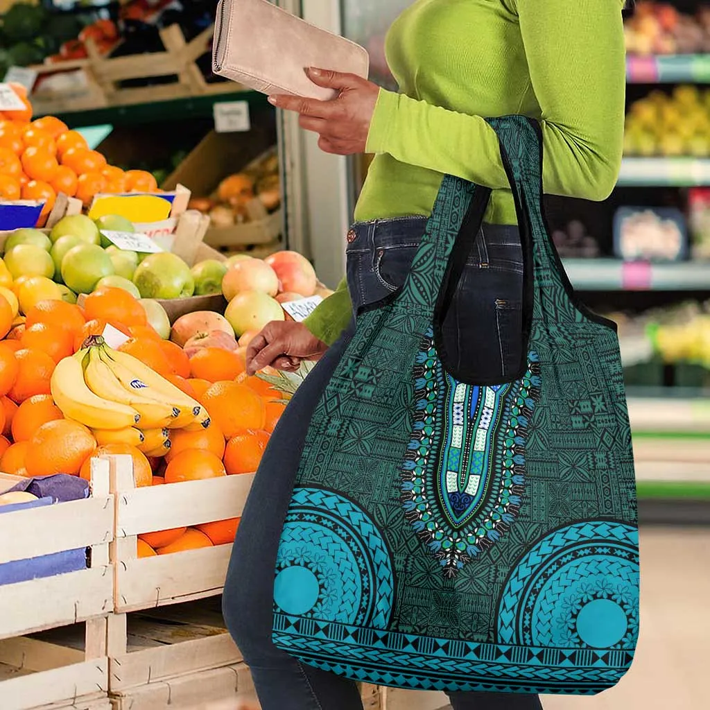Teal Dashiki and Tapa Pattern Grocery Bag Africa-Polynesia Together Culture LT9
