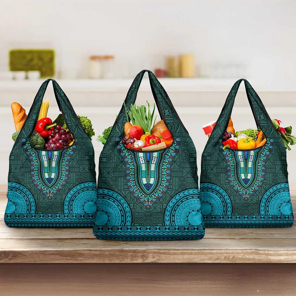 Teal Dashiki and Tapa Pattern Grocery Bag Africa-Polynesia Together Culture LT9