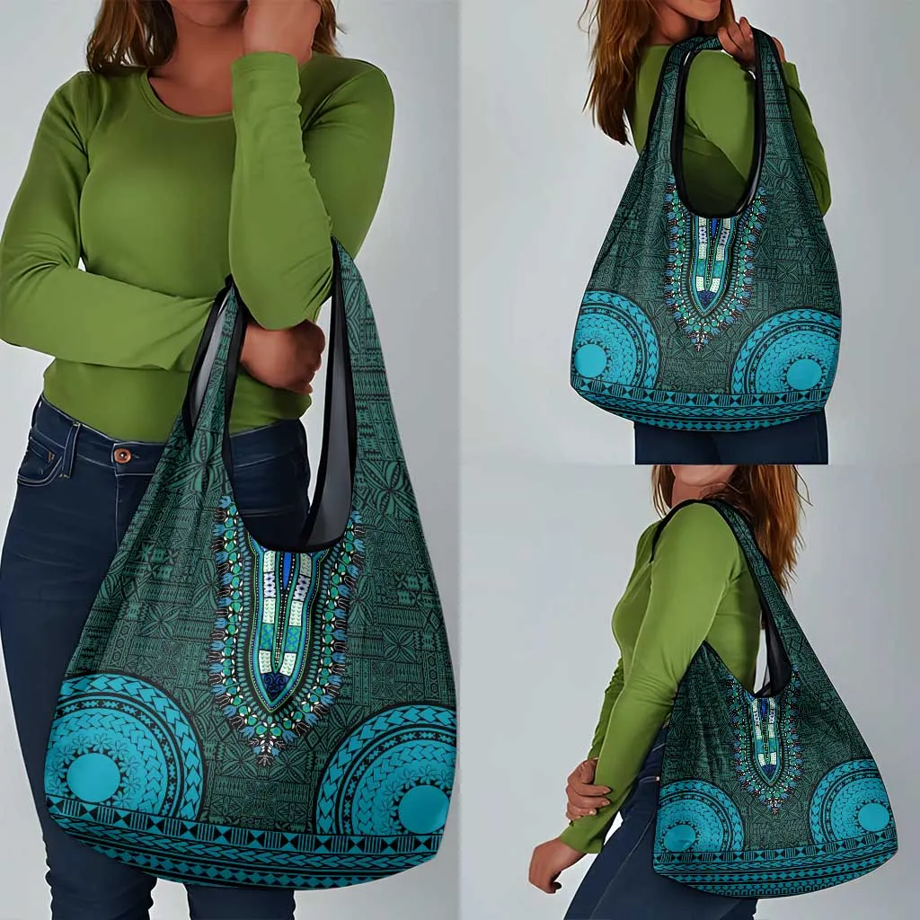 Teal Dashiki and Tapa Pattern Grocery Bag Africa-Polynesia Together Culture LT9