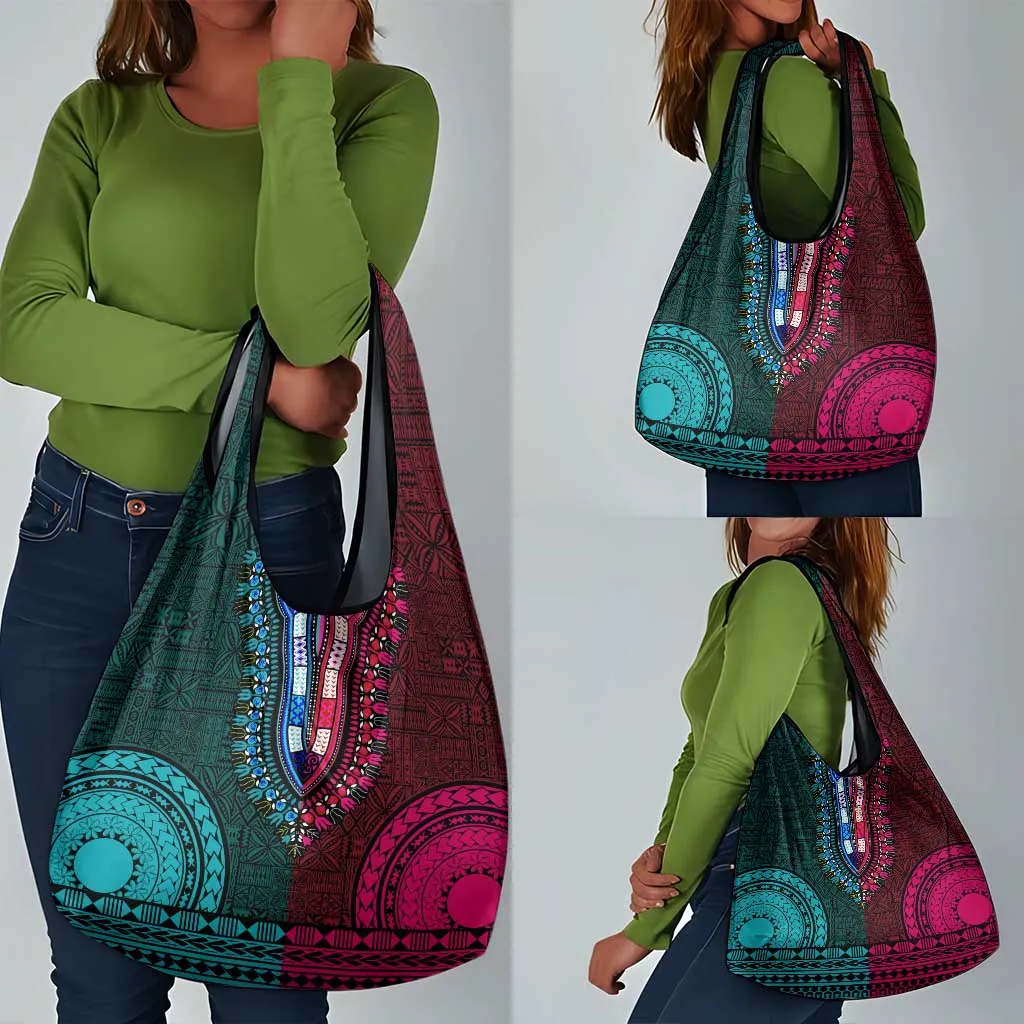 Teal-pink Dashiki and Tapa Pattern Grocery Bag Africa-Polynesia Together Culture LT9