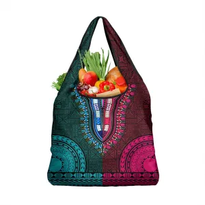 Teal-pink Dashiki and Tapa Pattern Grocery Bag Africa-Polynesia Together Culture LT9