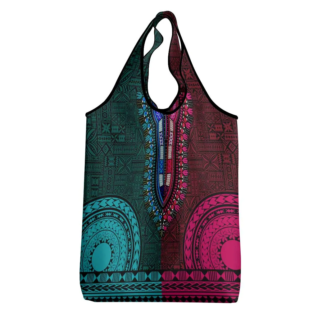 Teal-pink Dashiki and Tapa Pattern Grocery Bag Africa-Polynesia Together Culture LT9