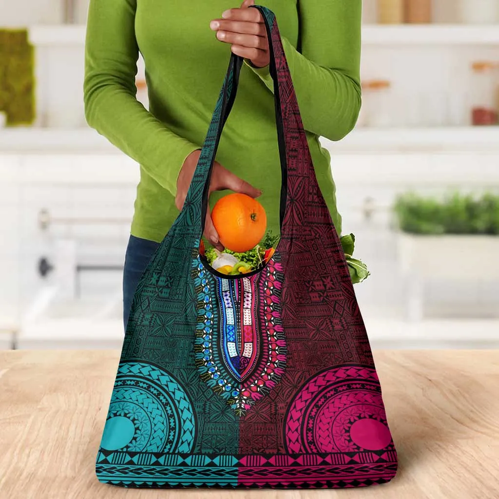 Teal-pink Dashiki and Tapa Pattern Grocery Bag Africa-Polynesia Together Culture LT9