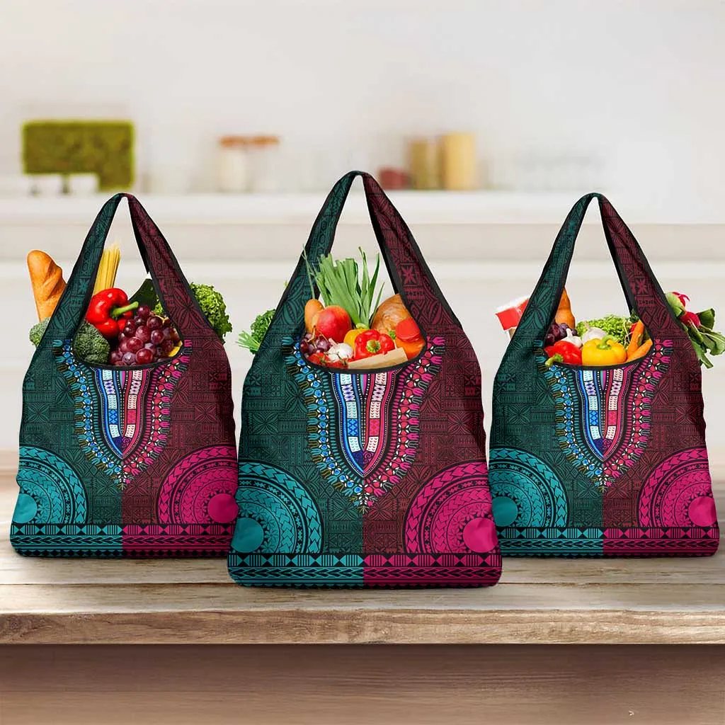 Teal-pink Dashiki and Tapa Pattern Grocery Bag Africa-Polynesia Together Culture LT9