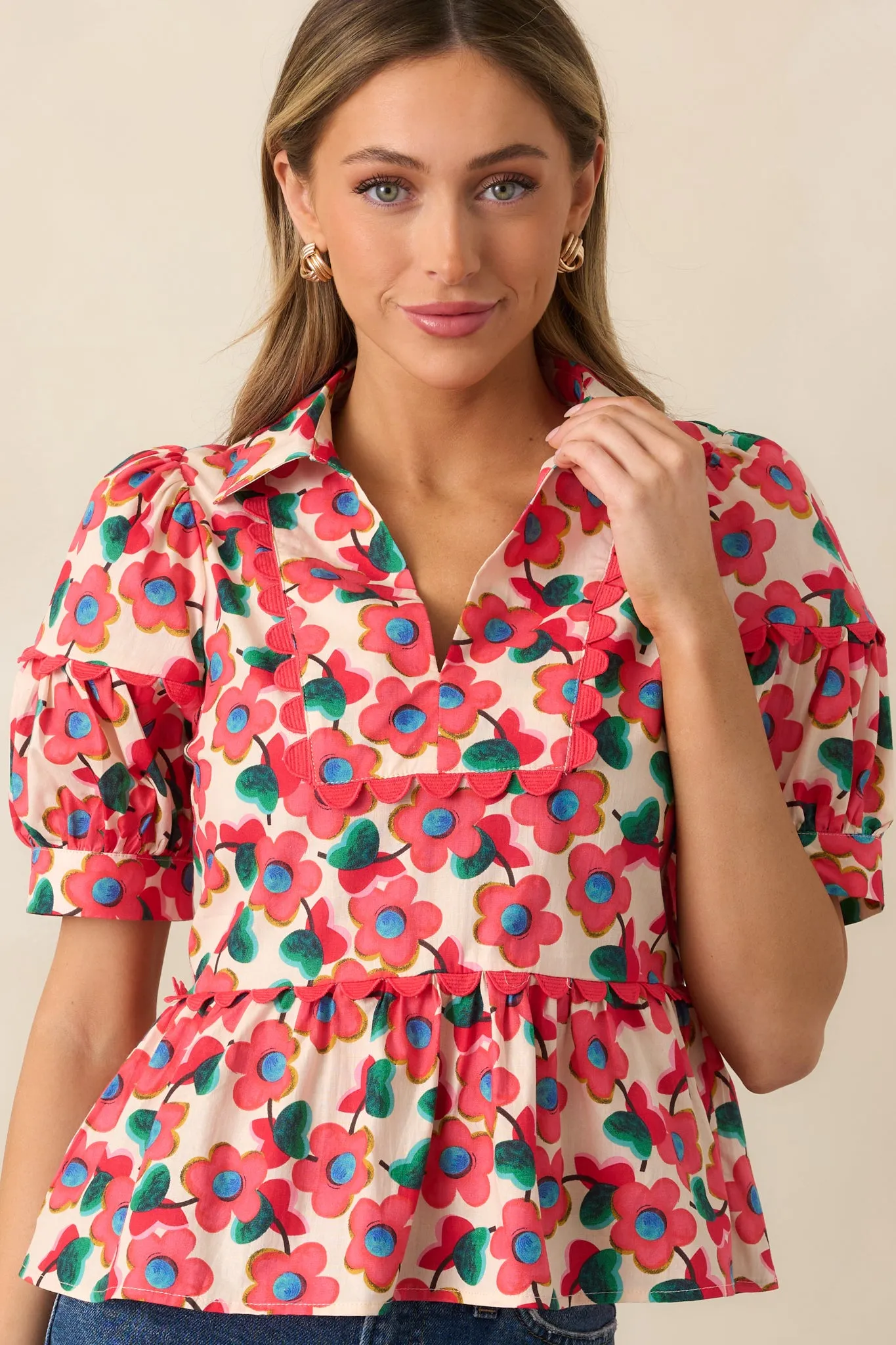 The First Bloom Red Floral Cotton Puff Sleeve Peplum Top