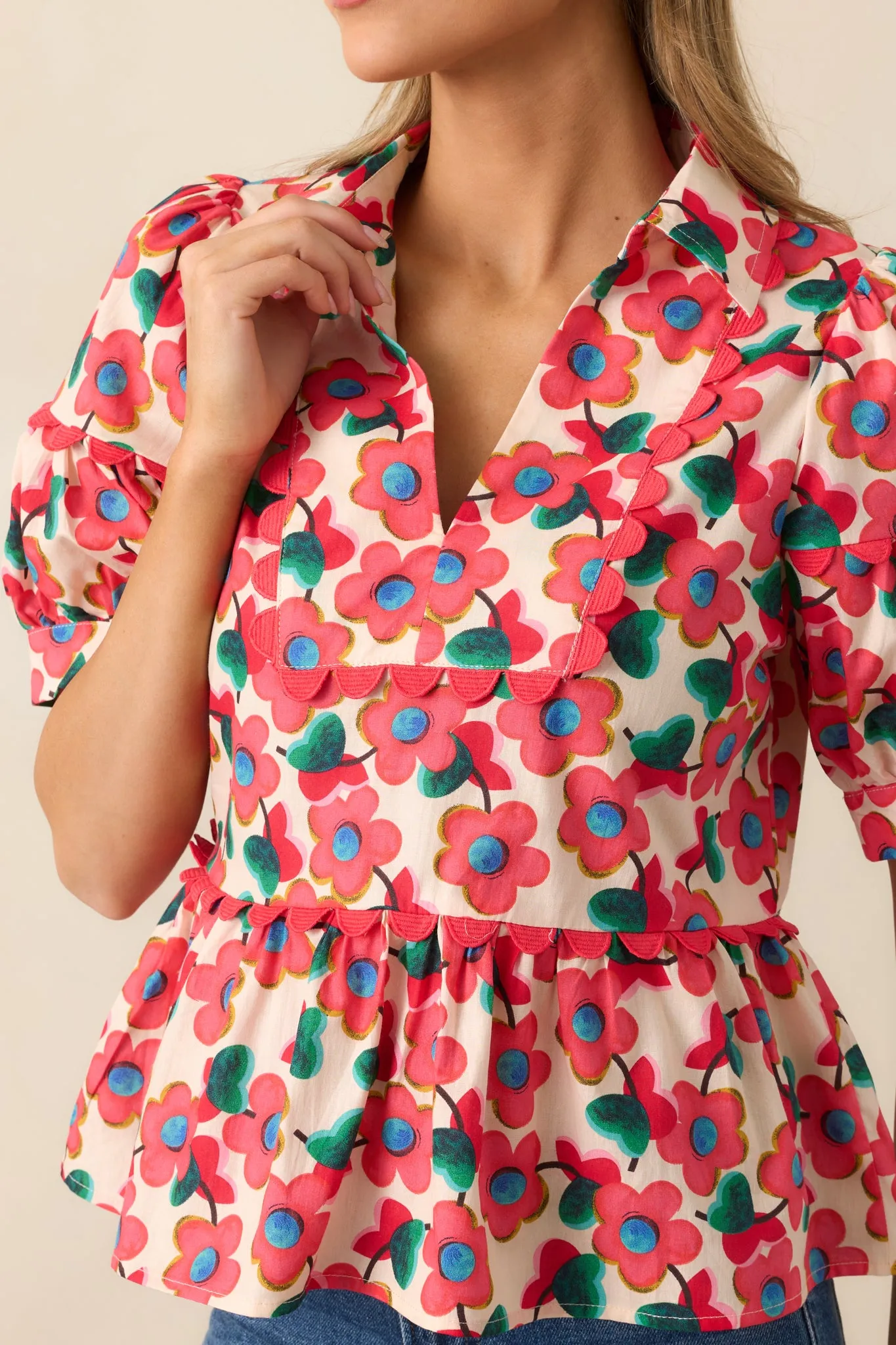 The First Bloom Red Floral Cotton Puff Sleeve Peplum Top