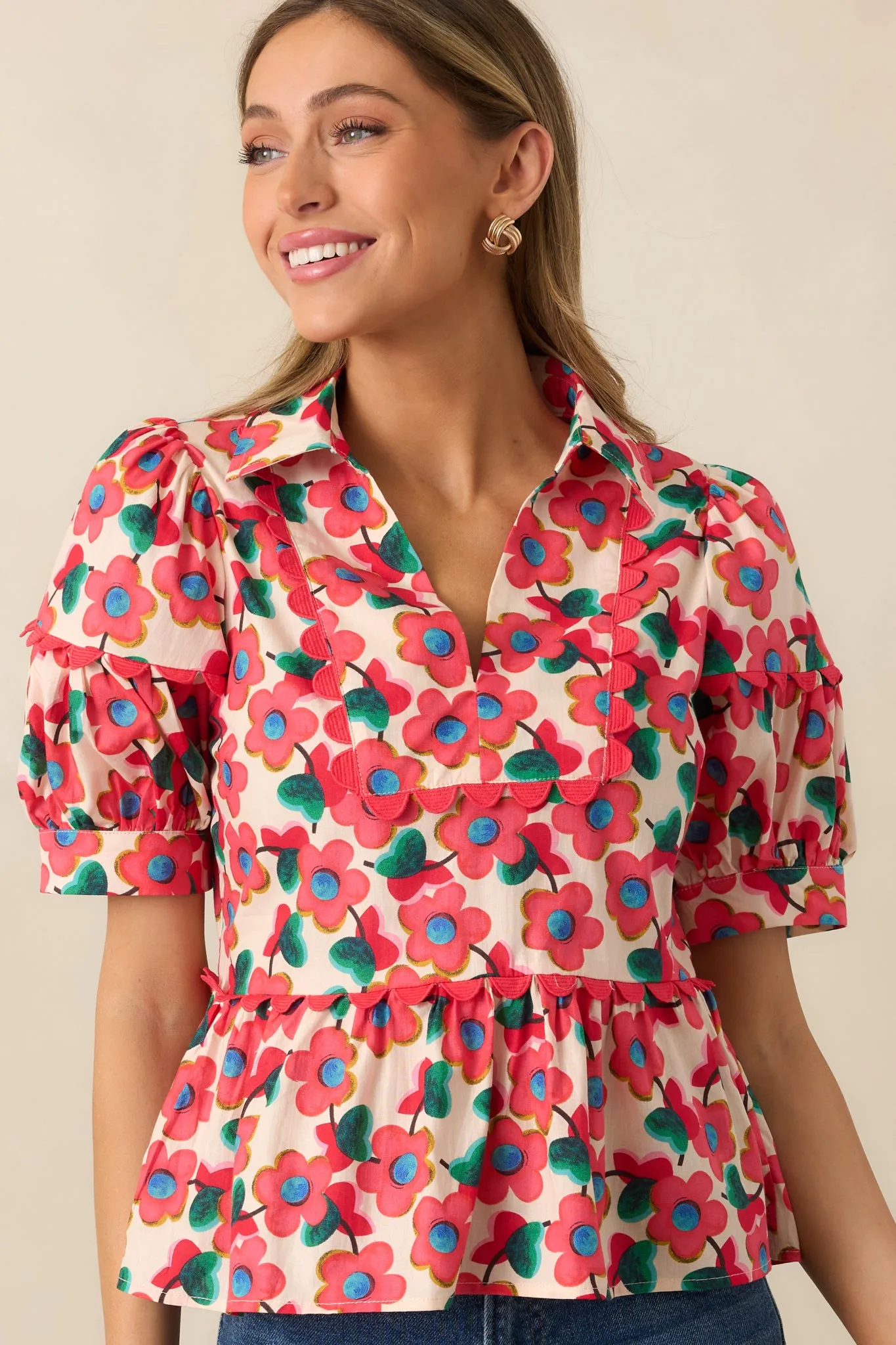 The First Bloom Red Floral Cotton Puff Sleeve Peplum Top