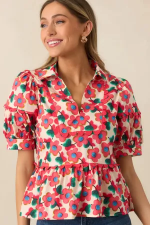 The First Bloom Red Floral Cotton Puff Sleeve Peplum Top