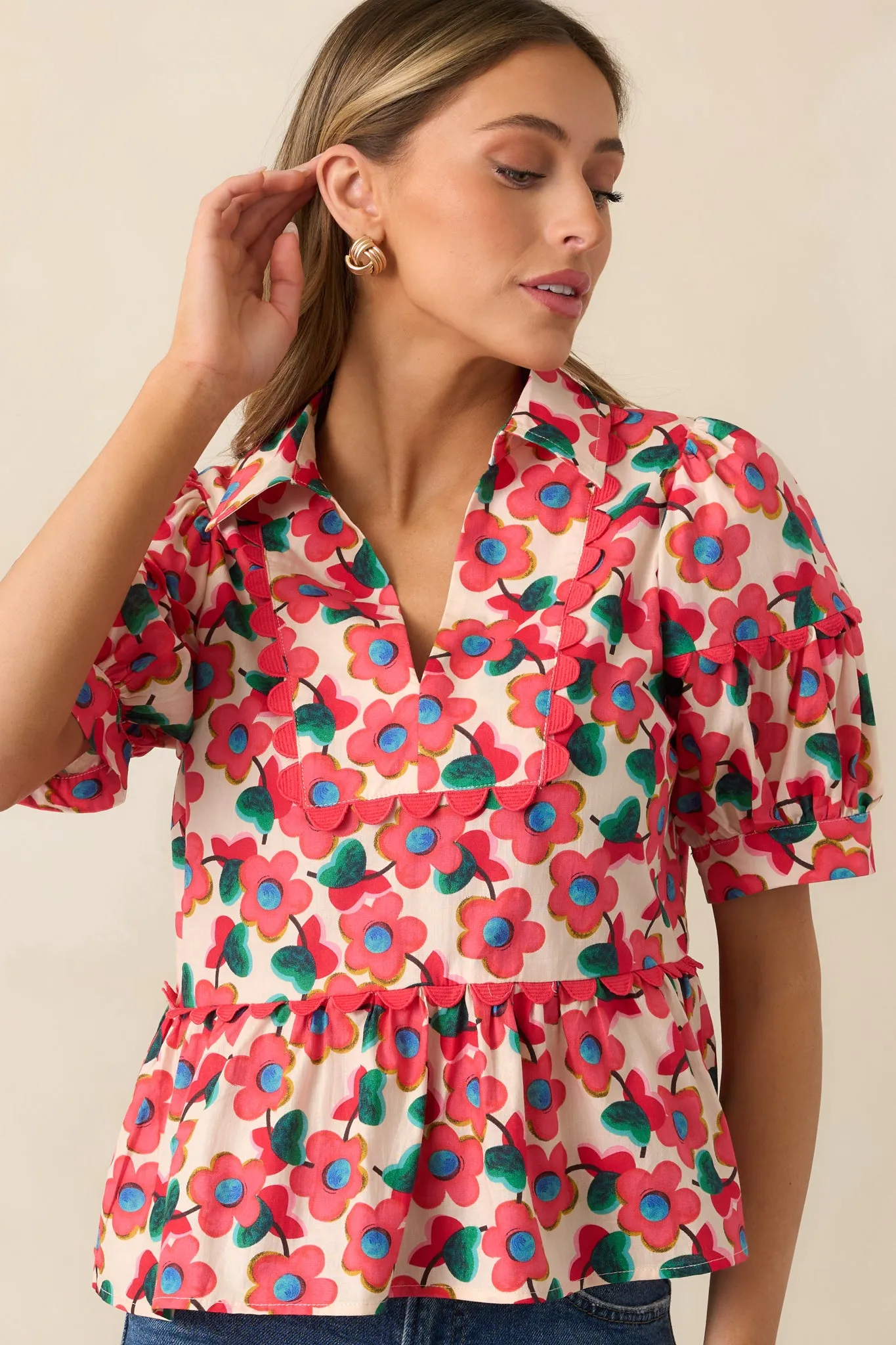 The First Bloom Red Floral Cotton Puff Sleeve Peplum Top