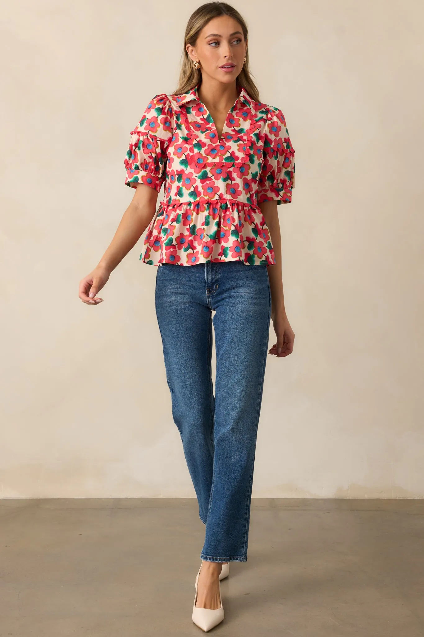 The First Bloom Red Floral Cotton Puff Sleeve Peplum Top