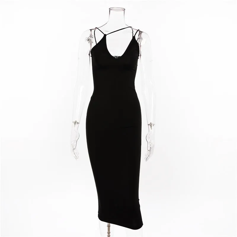 Thin Straps V-neck Halter Strap Tight Mid-length Dress