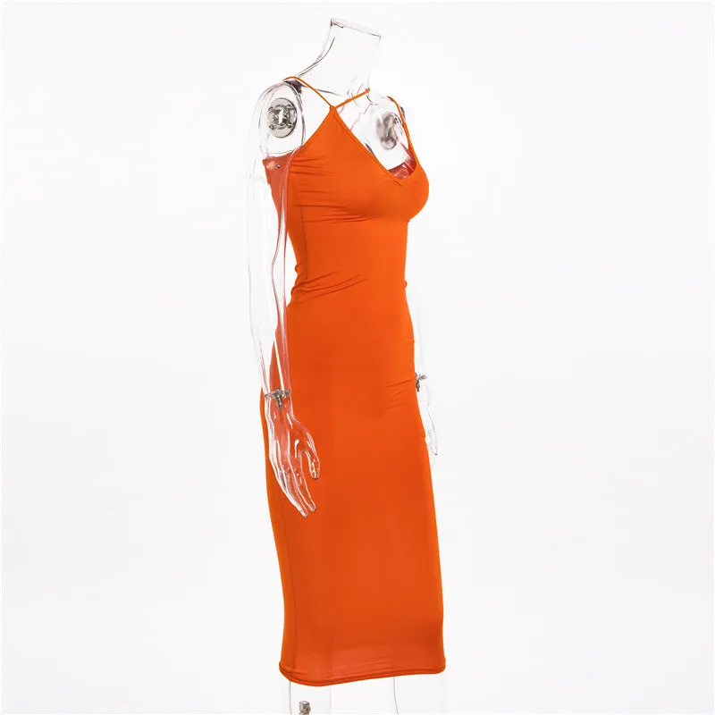 Thin Straps V-neck Halter Strap Tight Mid-length Dress