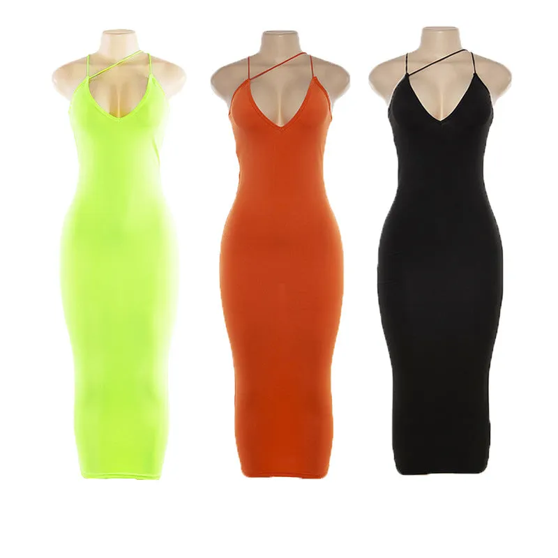 Thin Straps V-neck Halter Strap Tight Mid-length Dress