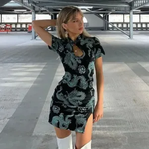 Tiesome Chinese Dragon Gothic Mini Dress with Ruffled Neckline