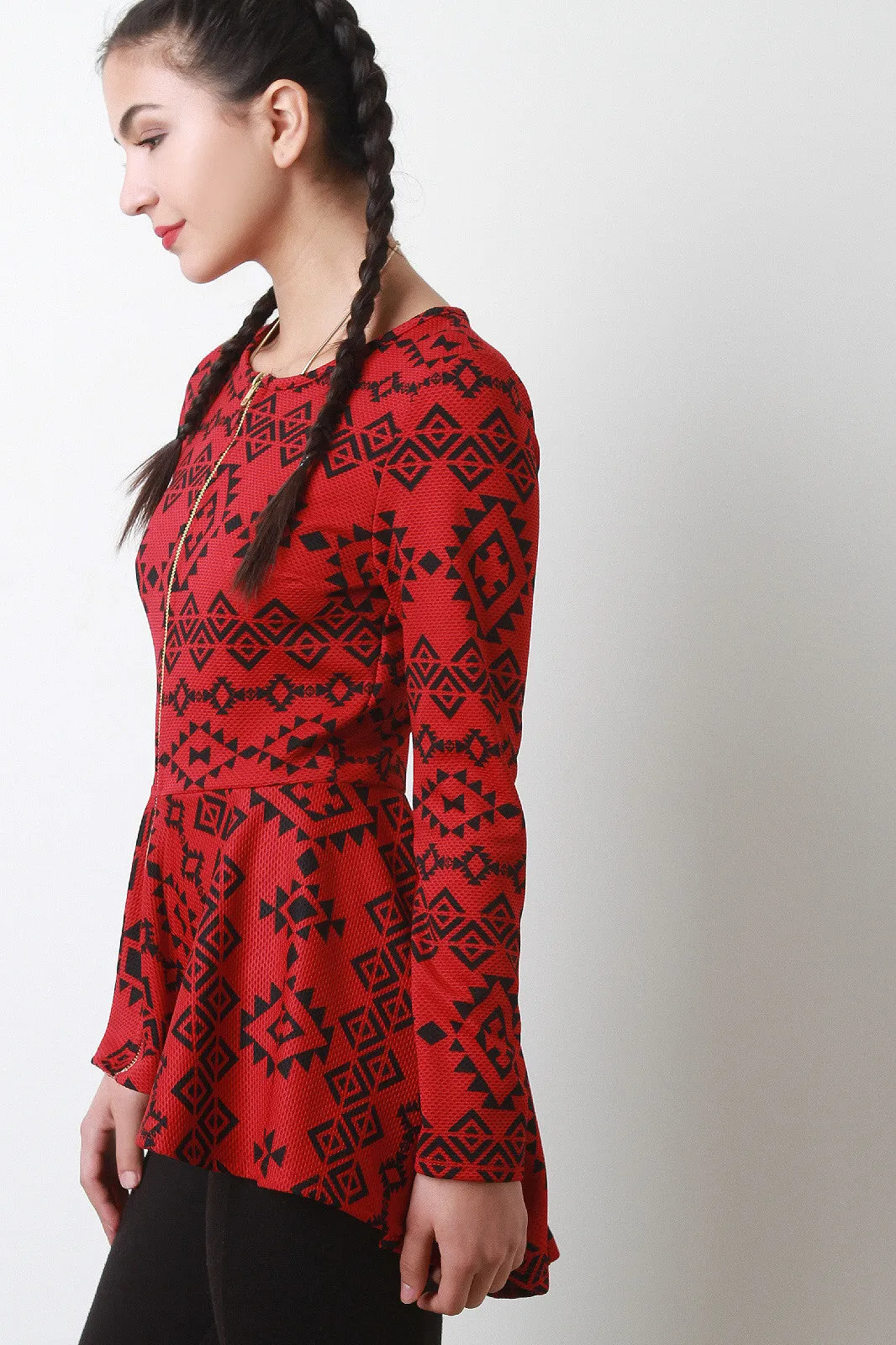 Tribal Pattern Zipper Peplum Top