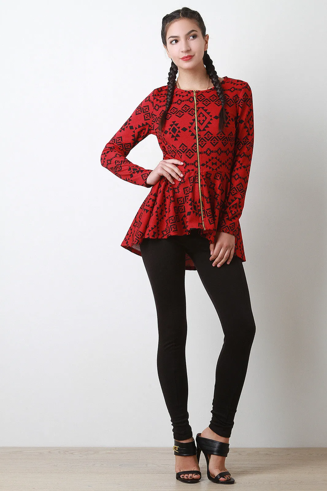 Tribal Pattern Zipper Peplum Top
