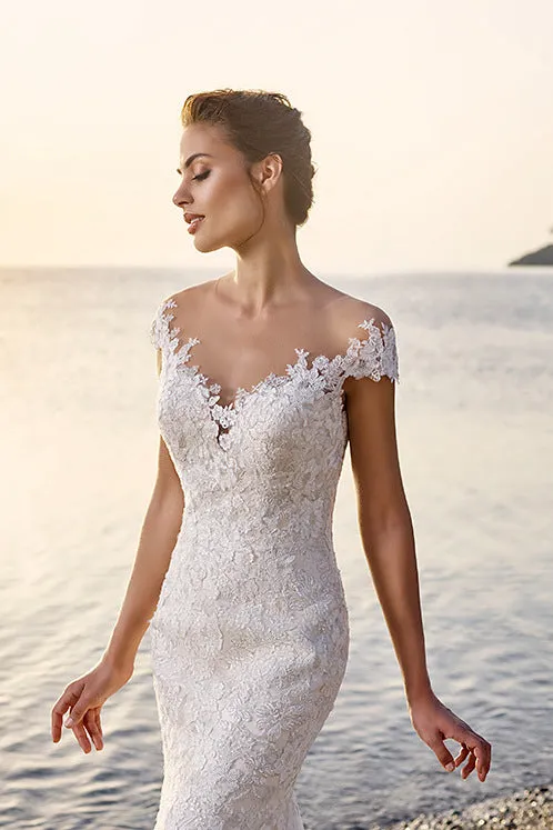 Trumpet Floor-Length V-Neck Cap-Sleeve Lace&Tulle Wedding Dress With Appliques-MK_702090