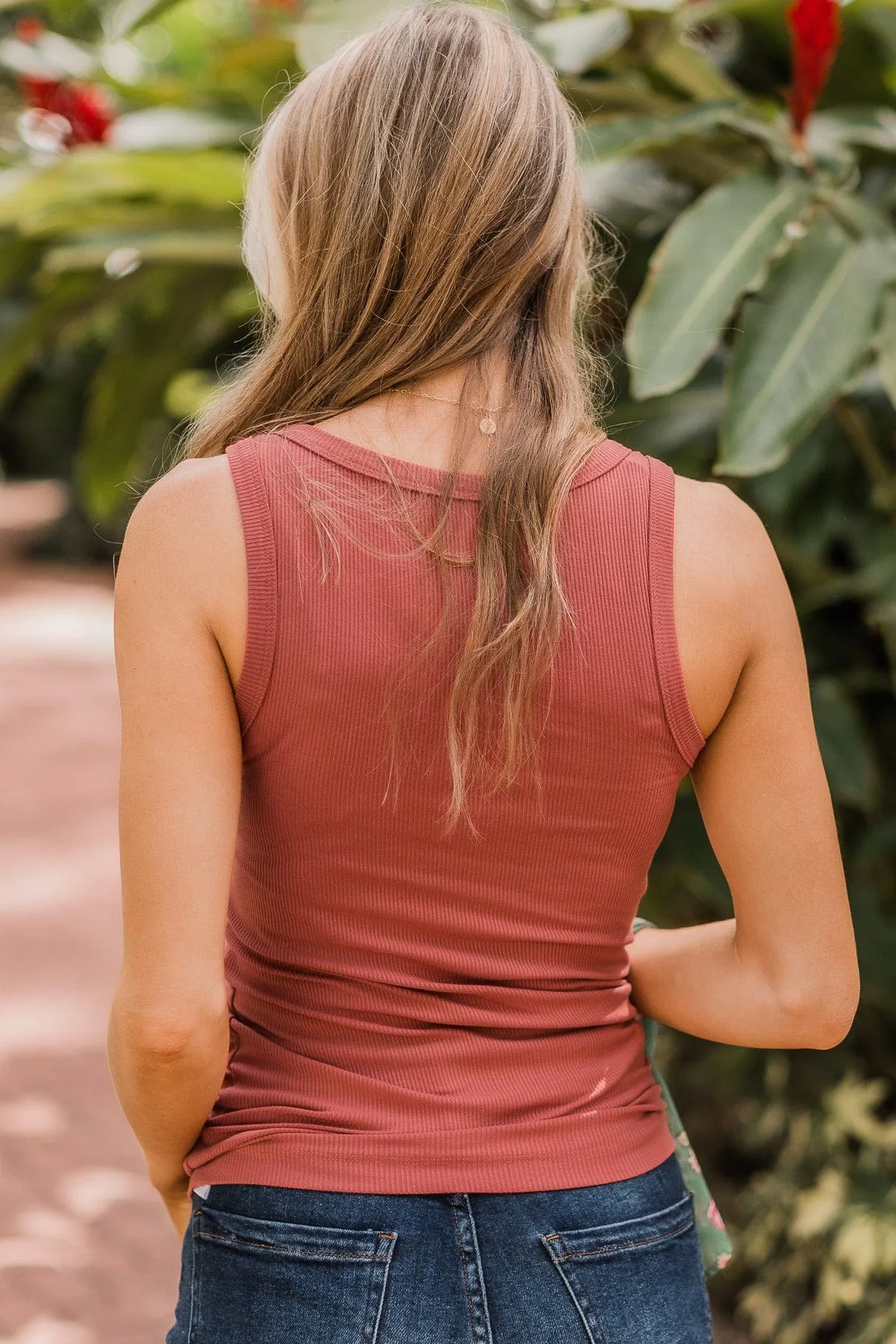 Uplifting Spirits Button Henley Tank Top- Brick