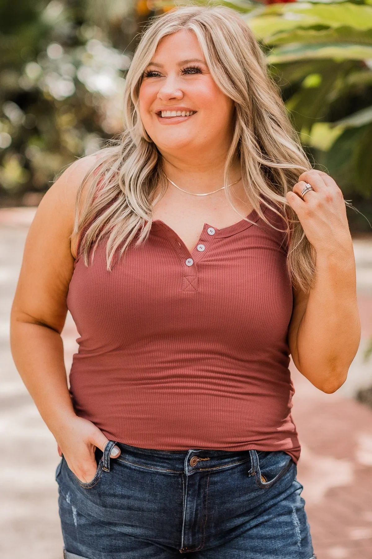 Uplifting Spirits Button Henley Tank Top- Brick