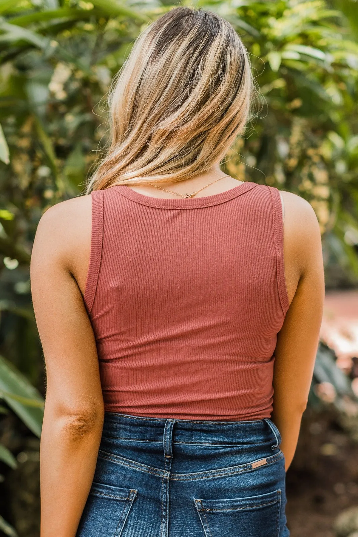 Uplifting Spirits Button Henley Tank Top- Brick