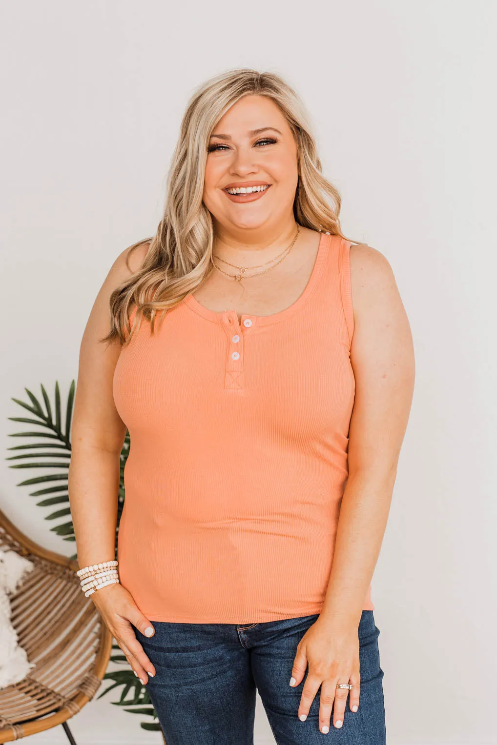 Uplifting Spirits Button Henley Tank Top- Coral
