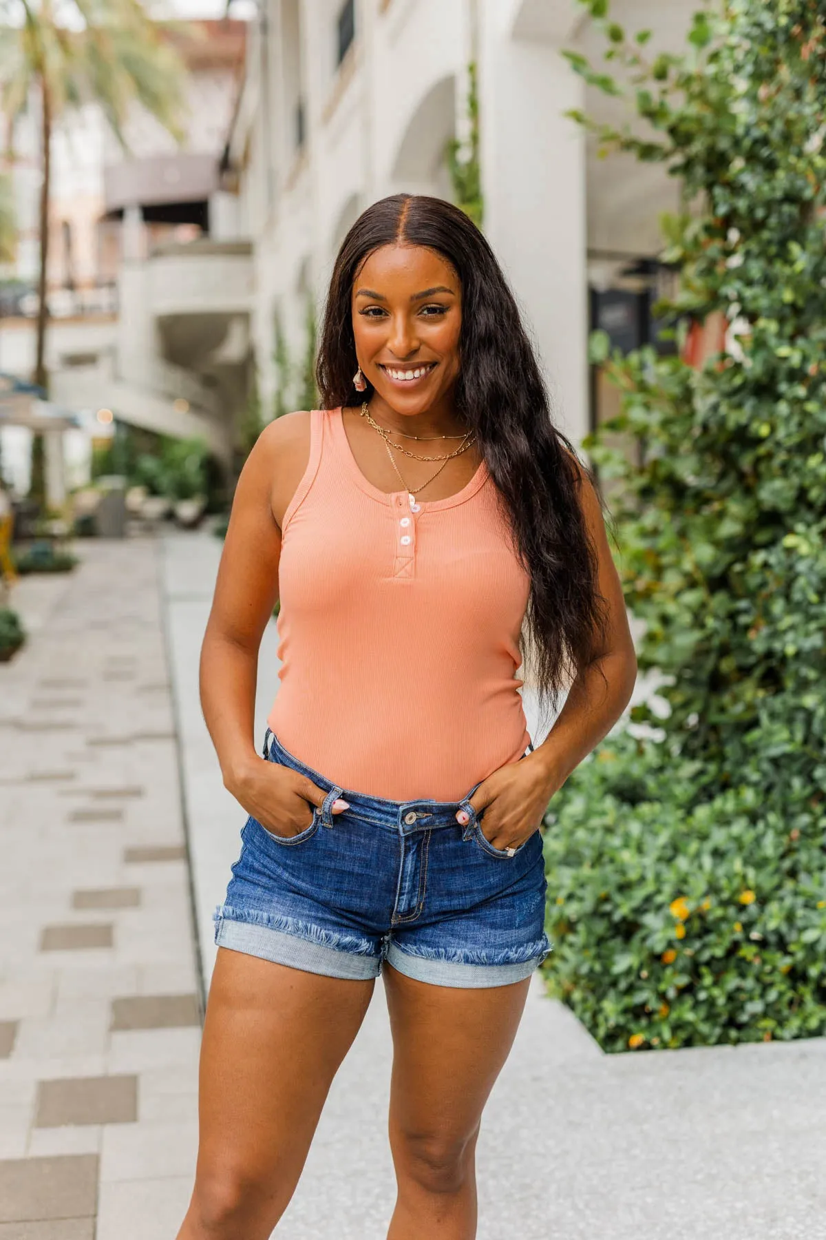 Uplifting Spirits Button Henley Tank Top- Coral