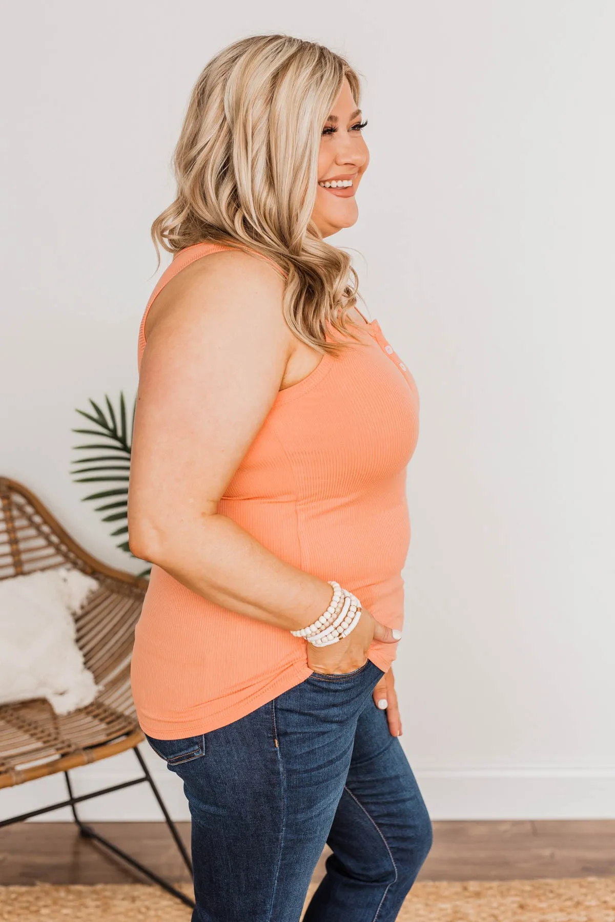Uplifting Spirits Button Henley Tank Top- Coral