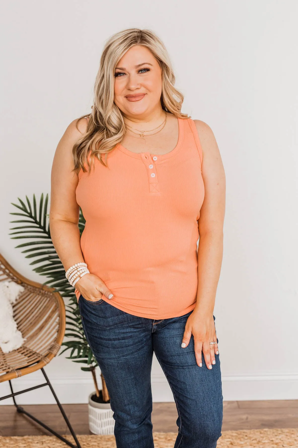 Uplifting Spirits Button Henley Tank Top- Coral