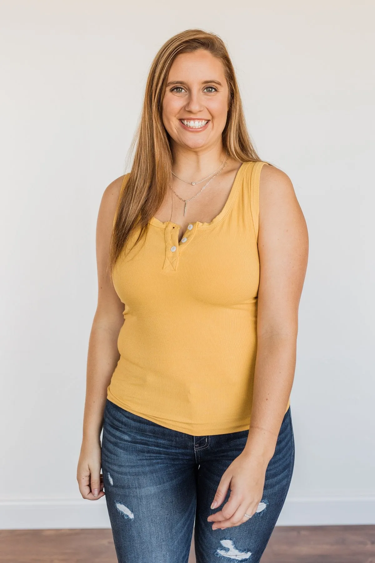 Uplifting Spirits Button Henley Tank Top- Golden Yellow