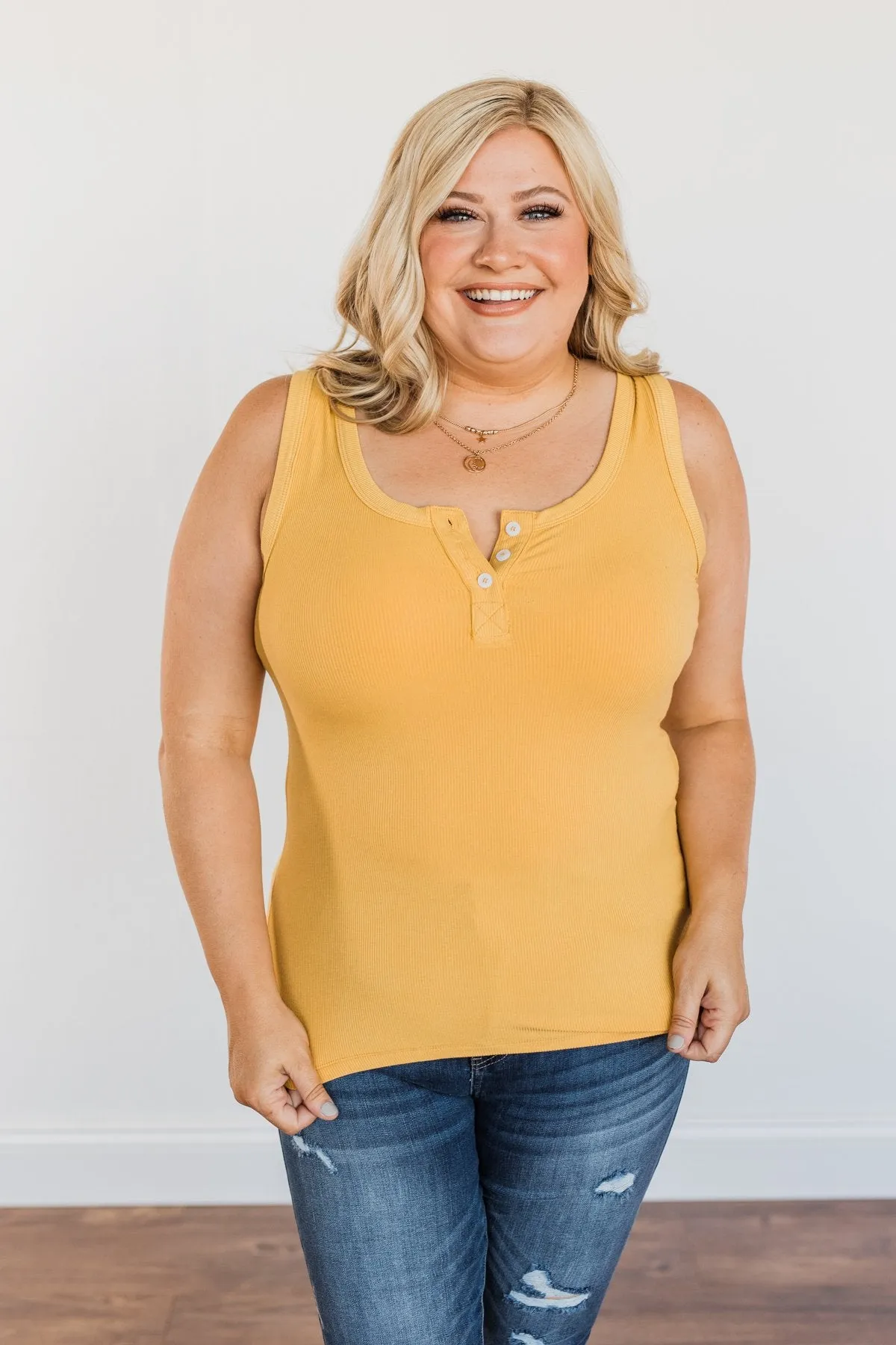 Uplifting Spirits Button Henley Tank Top- Golden Yellow