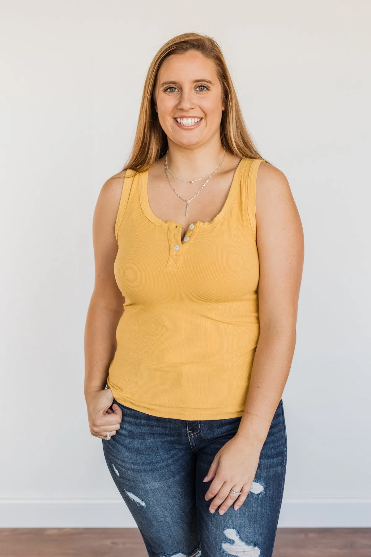 Uplifting Spirits Button Henley Tank Top- Golden Yellow