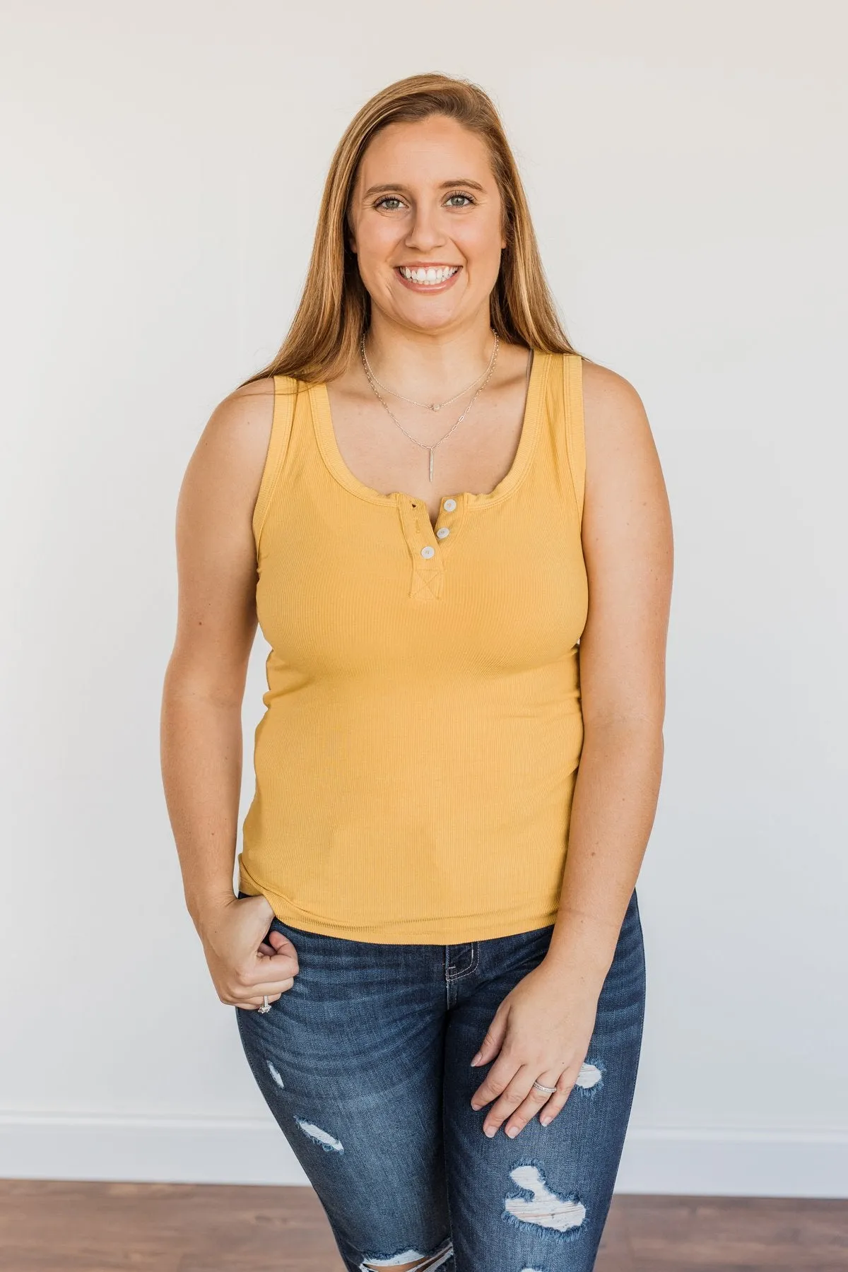 Uplifting Spirits Button Henley Tank Top- Golden Yellow
