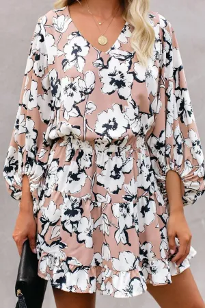 V Neck Lantern Sleeve Floral Tunic Dress